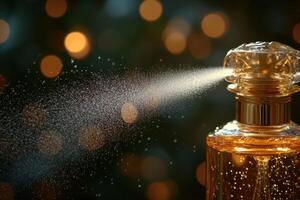 a bottle of perfume spraying water on a blurred background photo