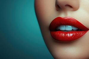 close up of woman's lips with red lipstick photo
