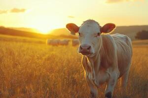 a cow is standing in a field at sunset photo