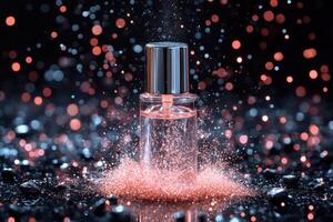 a bottle of perfume with glitter falling from it photo
