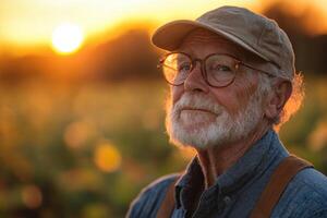 an older man with glasses and a hat in a field photo