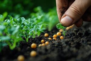 a hand is picking up a seedling from the soil photo