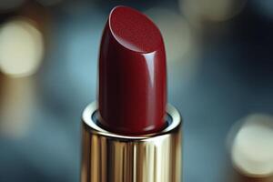 a close up of a red lipstick on a gold tube photo