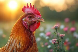 a rooster is standing in a field with flowers photo
