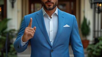 a man in a blue suit is pointing his finger photo