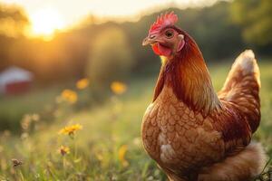 a chicken is standing in a field with the sun setting photo