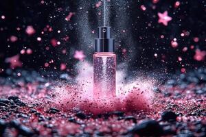 a bottle of perfume is surrounded by pink glitter photo