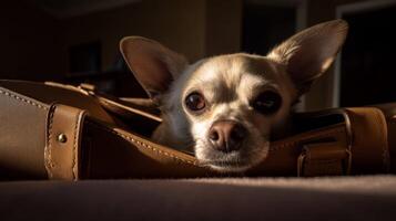 Adorable Chihuahua Relaxing in a Stylish Bag with Soft Morning Light Creating a Cozy Atmosphere photo