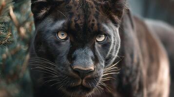 Majestic black panther gazing intensely at the viewer with striking blue eyes and a sleek, shiny coat in a natural setting photo