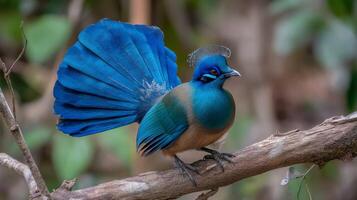 Vibrant Blue Bird with Displaying Feathers on Branch in Natural Habitat, Showcasing Stunning Colors and Unique Features photo