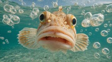 Underwater Close-Up of a Curious Fish Surrounded by Bubbles in a Clear Blue Ocean Environment photo