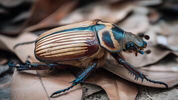 Detailed close-up of a vibrant beetle on dried leaves showcasing intricate patterns and colors in a natural environment photo
