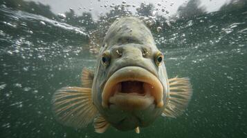 Close-Up of a Fish Swimming Underwater with Bubbles and Murky Green Water Background photo