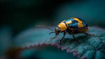 Colorful beetle crawling on leaf with blurred background showcasing vibrant colors and intricate patterns in nature photo