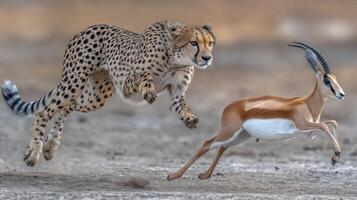 Cheetah Pursuing Antelope in Action on Dry Landscape Under Natural Light during Daytime photo