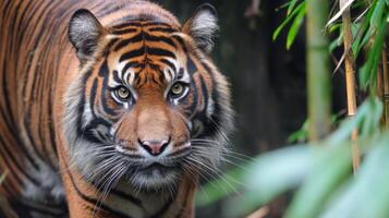 Majestic tiger with striking orange and black stripes prowling through lush green foliage in a natural habitat setting photo