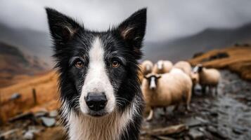 Loyal Border Collie Herds Sheep Across Rugged Terrain Under Dramatic Gray Sky Showcasing Working Dog Skills and Farm Life photo