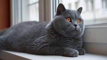 Beautiful gray cat resting on a windowsill, gazing out with striking orange eyes in soft natural light photo