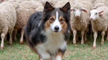 Agile Dog Herding Sheep on Pasture with Flock in Background Showcasing Working Animal Skills and Farm Life Scene photo