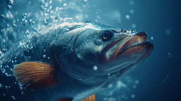 Captivating Underwater View of Fish Swimming Through Bubbles in Crystal Clear Water Against Deep Blue Background photo