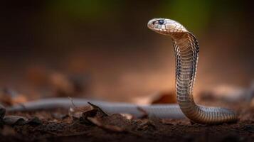 Close-Up of a Striking Snake with Intense Eyes and Raised Head in Natural Habitat Surrounded by Fallen Leaves and Soft Light photo
