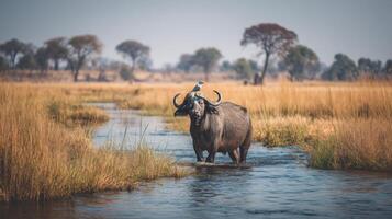 Serengeti Scene with Buffalo and Bird in Vibrant Wetlands Surrounded by Tall Grass and Trees under Clear Blue Sky photo