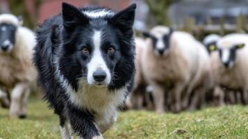 Focused Border Collie Herding Sheep on a Pastoral Farm in Springtime Green Grass Under Natural Soft Light photo