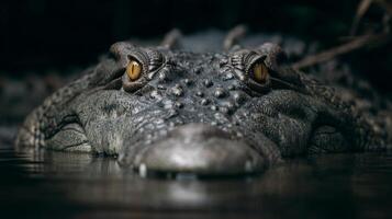 Close-up of a Crocodile Emerging from Water with Striking Yellow Eyes and Textured Skin Features photo