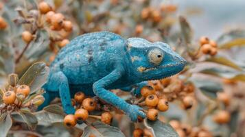 Vibrant Blue Chameleon on Branch Surrounded by Orange Berries in Natural Habitat, Showcasing Unique Coloration and Details photo