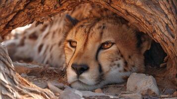 Close-Up of a Cheetah Relaxing Under a Tree in Its Natural Habitat with Intense Eyes and Soft Fur Texture photo