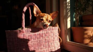 Cute Chihuahua Peeking Out of a Pink Bag in Bright Sunlight at Home with Soft Shadows and Greenery in the Background photo