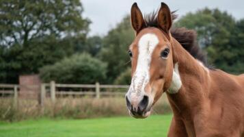 Beautiful brown horse with a white mark on its face standing in a lush green field surrounded by trees and natural scenery photo
