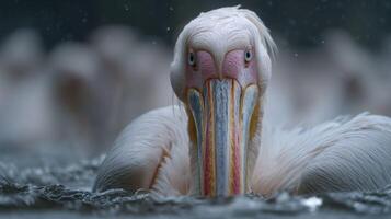 Majestic Close-Up of a Great White Pelican Swimming in Water with Ripples and Misty Background photo