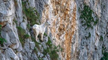 Majestic Goat Standing on Rocky Cliff Against a Dramatic Natural Landscape with Textured Stone and Greenery photo