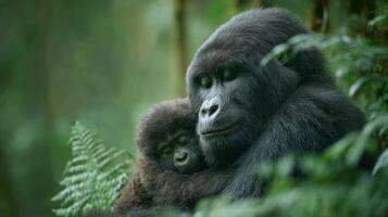 a mother gorilla and her baby in the forest photo