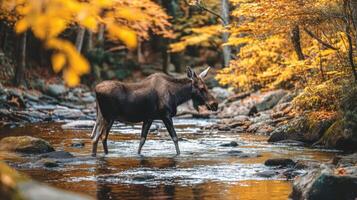 Majestic Moose Standing in Tranquil Stream Surrounded by Colorful Autumn Foliage and Gentle River Flow photo