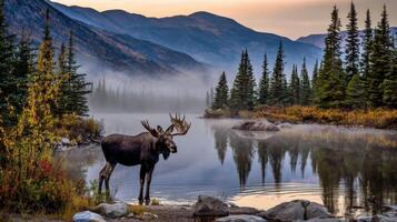 Majestic Moose Standing Near Tranquil Lake Surrounded by Lush Forest and Misty Mountains at Sunrise in Autumn Season photo