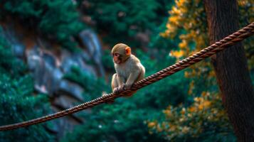 Young monkey sitting on a rope surrounded by lush greenery in a serene natural environment during a bright sunny day photo