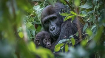 Emotional Moment Between Mother Gorilla and Infant in Natural Habitat Surrounded by Lush Green Foliage in the Wild photo