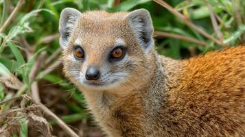 Close-up portrait of a small brown mammal in a natural habitat showcasing its vibrant eyes and curious expression photo