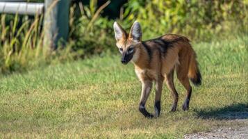 A graceful maned wolf walking through the grass in a natural habitat during a sunny day with vibrant foliage nearby photo