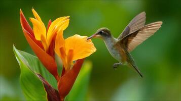 Vibrant Hummingbird Hovering Near Bright Orange Flower in Lush Green Background photo