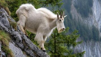 Majestic White Mountain Goat Navigating Rocky Terrain Surrounded by Lush Greenery and Dramatic Rocky Cliffs photo