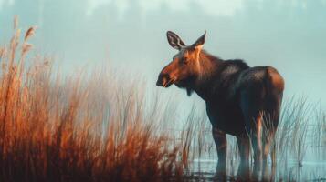 Majestic Moose Stands Gracefully Near Misty Waters Surrounded by Golden Reeds in a Serene Natural Environment photo