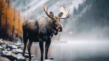 Majestic moose standing by misty lake surrounded by autumn foliage in tranquil mountain landscape during foggy morning light. photo