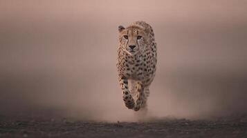 Majestic Cheetah Running in Dusty Landscape Under Soft Light at Dusk, Capturing Speed and Grace in Nature photo