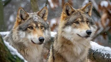dos majestuoso Lobos observando su Nevado bosque habitat con intensidad y gracia foto