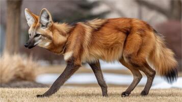Elegant maned wolf walking gracefully through a grassy landscape, showcasing its striking orange and black fur patterns photo