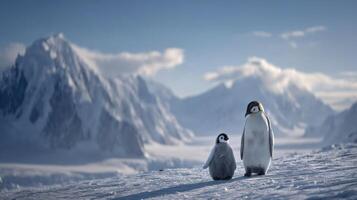 Majestic Emperor Penguins Standing on Snowy Landscape in Front of Mountains and Clouds in a Serene Antarctic Environment photo