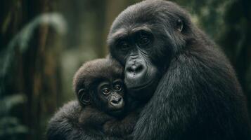 Tender Moment Between Gorilla Mother and Young Baby in Lush Green Forest Environment photo